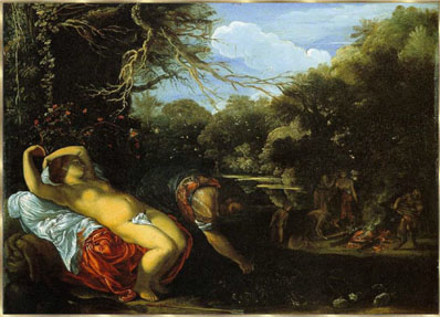 ATod der Koronis. Die untreue Geliebte, vom Pfeil der Artemis getroffen, stirbt in den Armen des Apollon.