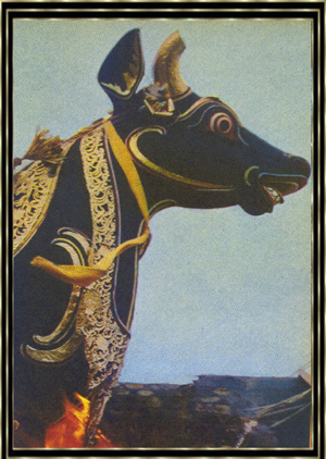Auf Bali werden Leichen von Hindus in grossen Pappmach-Khen verbrannt - ein Beispiel fr die Anpassung der Religionen an uralte Vorstellungen, hier an solche des Animismus. In Indien wre dies unmglich, denn selbst das Verbrennen der Nachbildung einer Kuh gilt dort als Snde.