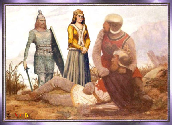 Ein Ritter kmmert sich um den besiegten Telramund.Elsa stand erschttert vor dem am Boden liegenden, untreuen Grafen.