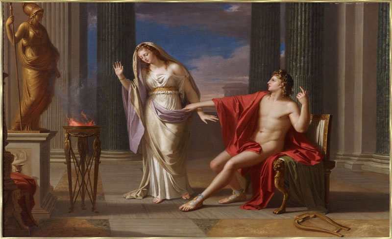 Apollo wirbt, oft auch auf dem Boden liegend, um die Hand Hestias