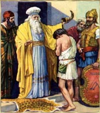 Der herbeigerufene junge David vor Samuel.