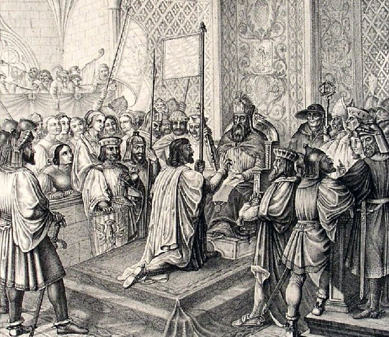 Pfalzgrafs Otto von Wittelsbach Belehnung mit dem Herzogthume Bayern 1180. Der Graf schwrt mit der bayerischen Fahne in der Hand den Treueid vor Kaiser Friedrich Barbarossa, der ihm zum Dank fr die Rettung in der Veroneser Klause (1155) die gesiegelte Lehensurkunde berreicht, dazu zahlreiches Gefolge.