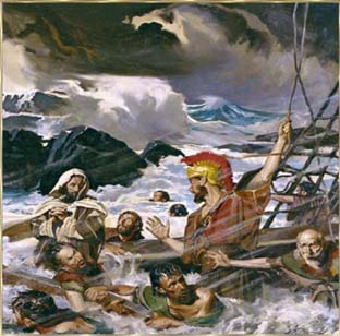 Paulus mahnt eindringlich zum Hauptmann: Wenn die Mnner nicht im Schiff bleiben, knnt ihr nicht gerettet werden.